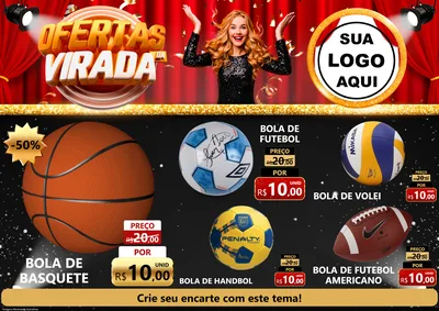 Modelo de Encarte para Encarte A4 Horizontal com o tema Ofertas da Virada para Artigos Esportivos