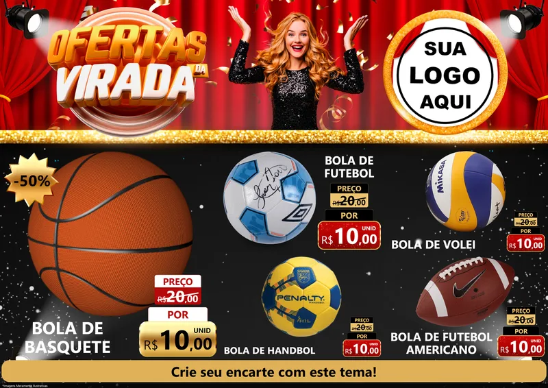 Modelo de Encarte para Encarte A4 Horizontal com o tema Ofertas da Virada para Artigos Esportivos