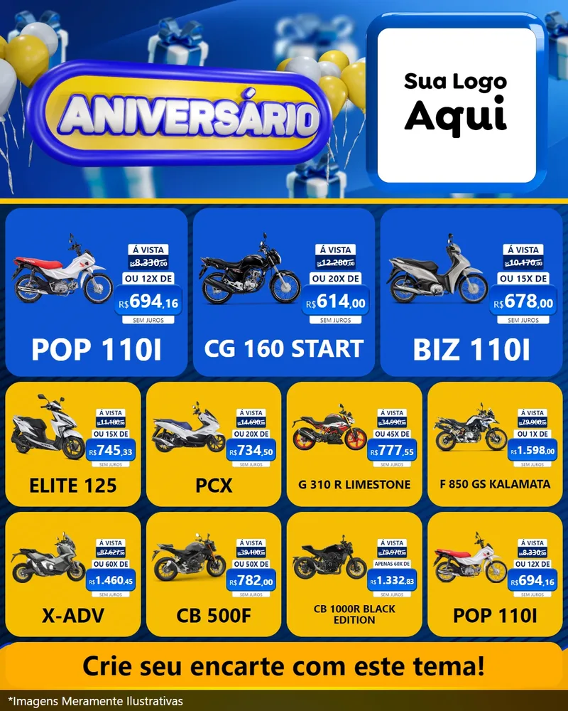 Modelo de Rede Social para Feed Instagram com o tema Aniversário para Concessionaria de Motos