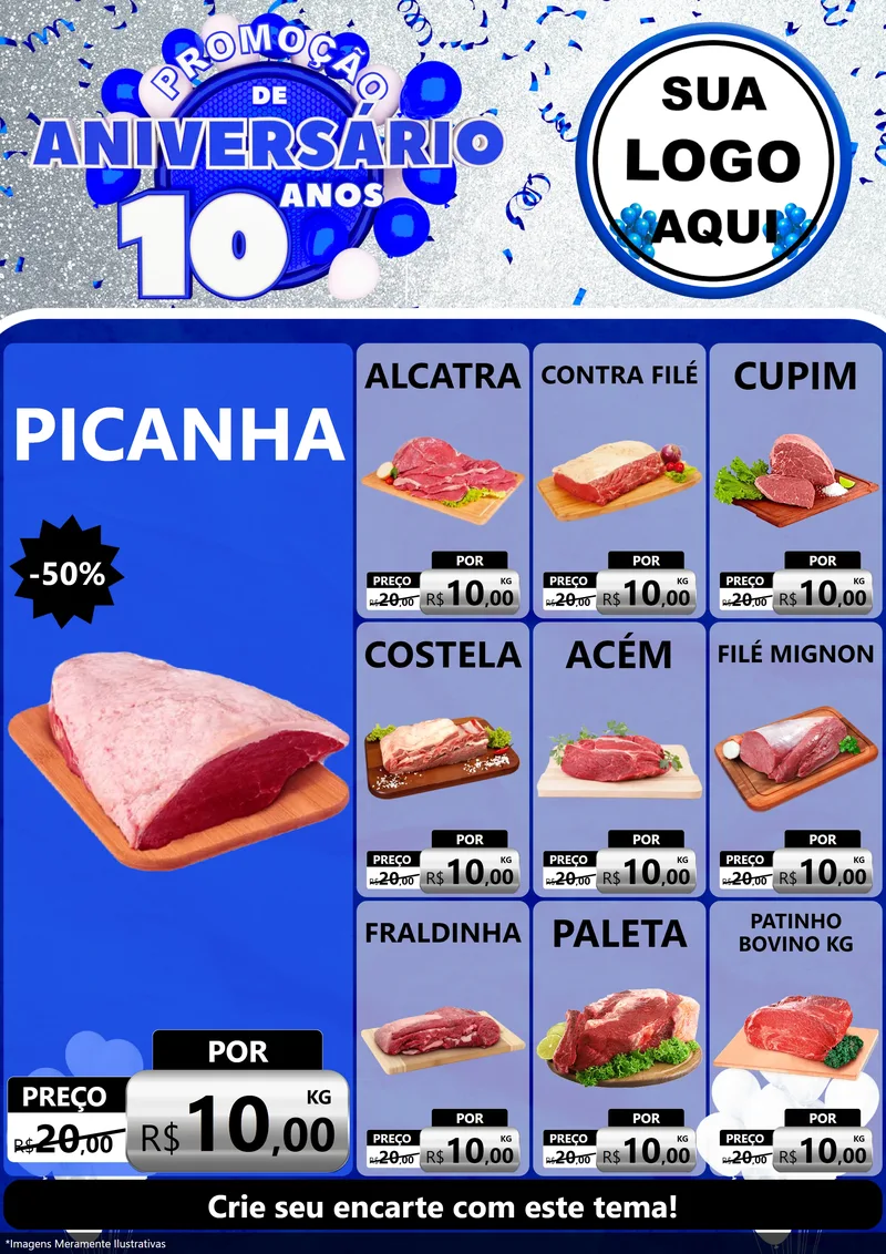 Modelo de Encarte para Encarte A4 Vertical com o tema Promoção de Aniversário - 10 Anos para Açougue