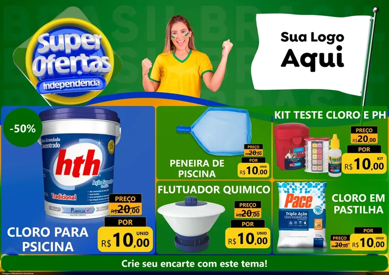 Modelo de Encarte para Encarte A4 Horizontal com o tema Super Ofertas de Independência para Produtos para Piscina