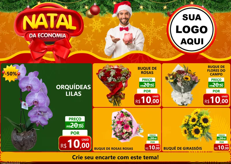 Modelo de Encarte para Encarte A4 Horizontal com o tema Natal da Economia para Floricultura e jardim