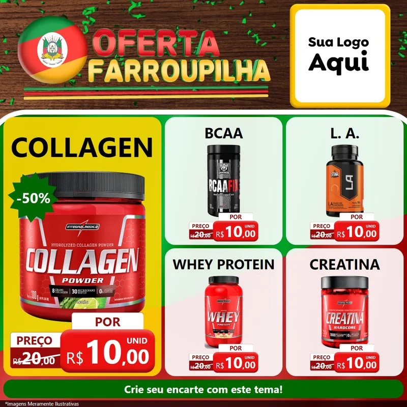 Modelo de Rede Social para Feed Facebook com o tema Oferta Farroupilha para Suplementos alimentares