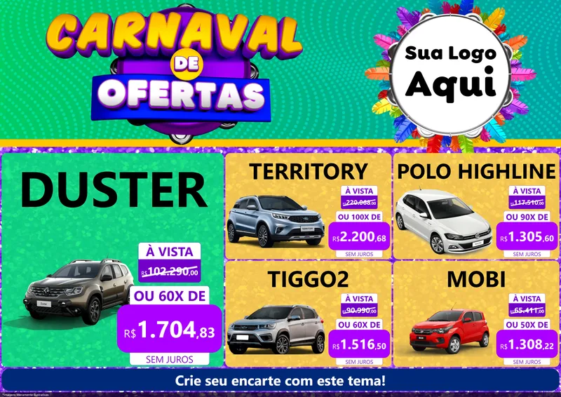 Modelo de Encarte para Encarte A4 Horizontal com o tema Carnaval de Ofertas para Concessionaria de Carros