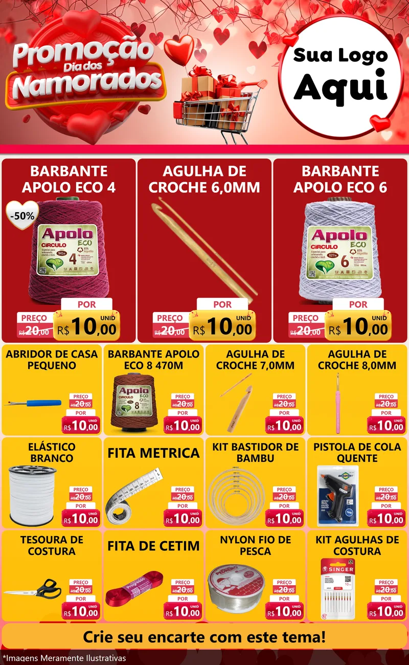 Modelo de Encarte para Encarte Grande com o tema Promoção Dia dos Namorados para Armarinho e Aviamentos