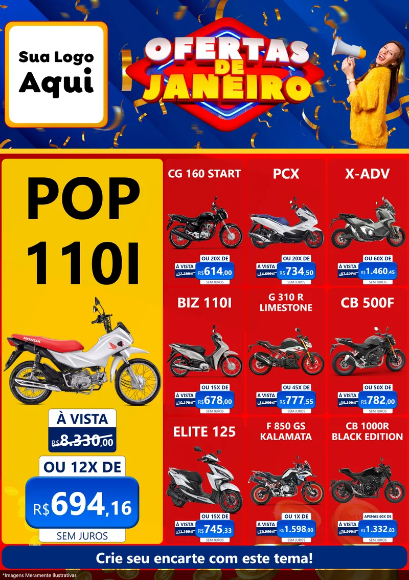 Modelo de Encarte para Encarte A4 Vertical com o tema Ofertas de Janeiro para Concessionaria de Motos