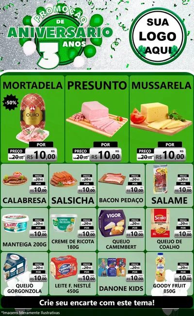 Modelo de Encarte para Encarte Grande com o tema Promoção de Aniversário - 3 Anos para Frios e Laticínios