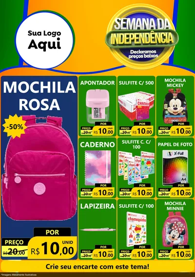 Modelo de Encarte para Encarte A4 Vertical com o tema Semana da Independência Declaramos Preços Baixos para Papelaria