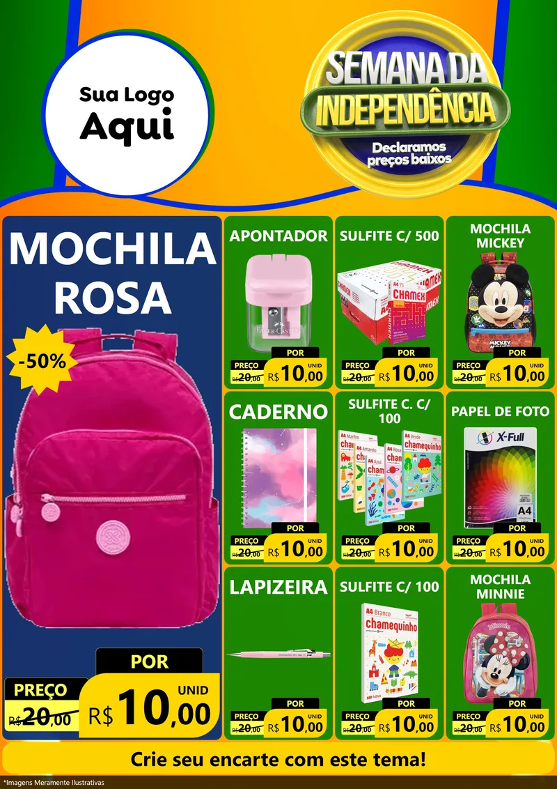 Modelo de Encarte para Encarte A4 Vertical com o tema Semana da Independência Declaramos Preços Baixos para Papelaria