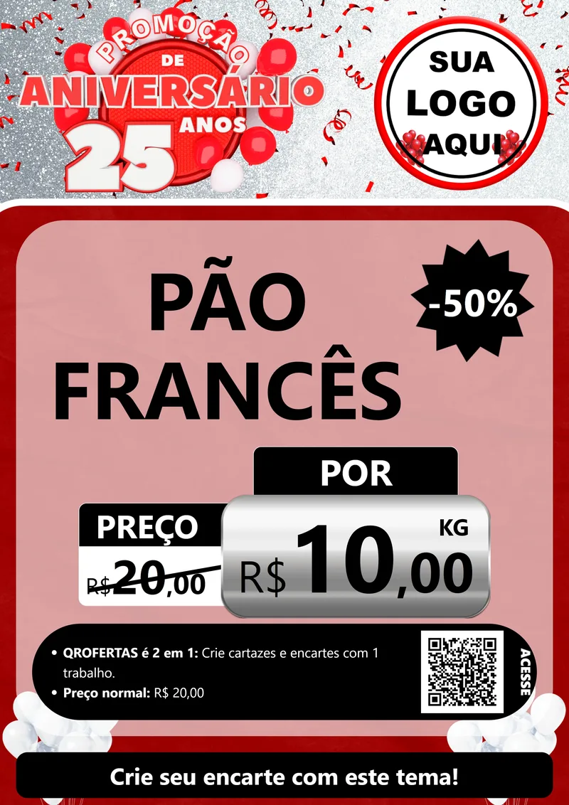 Modelo de Cartaz para Cartaz A4 Vertical com o tema Promoção de Aniversário - 25Anos para Padaria