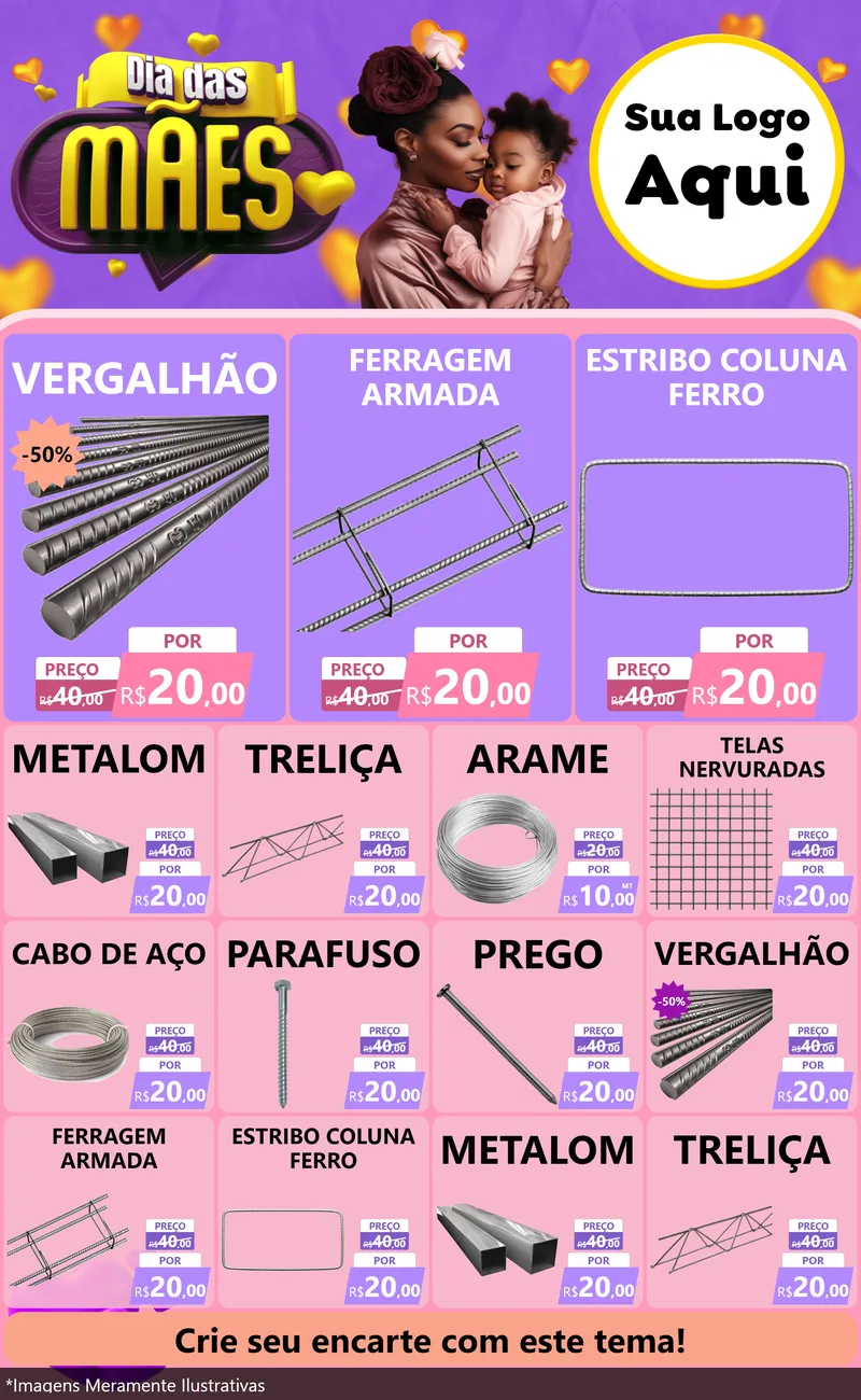 Modelo de Encarte para Encarte Grande com o tema Dia das Mães para Ferragens