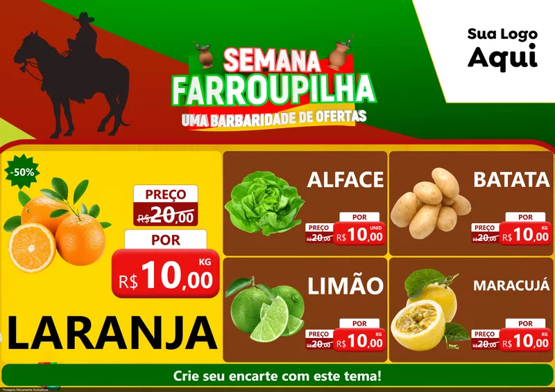 Modelo de Encarte para Encarte A4 Horizontal com o tema Semana Farroupilha - Uma Barbaridade de Ofertas para Hortifrúti