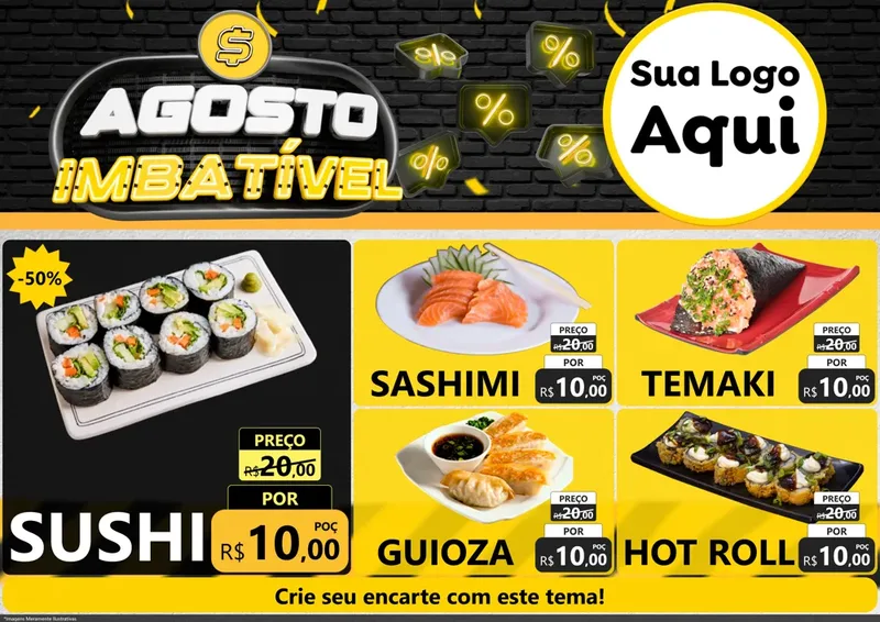 Modelo de Encarte para Encarte A4 Horizontal com o tema Agosto Imbatível para Comida japonesa