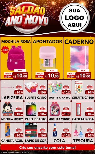 Modelo de Encarte para Encarte Grande com o tema Saldão de Ano Novo para Papelaria