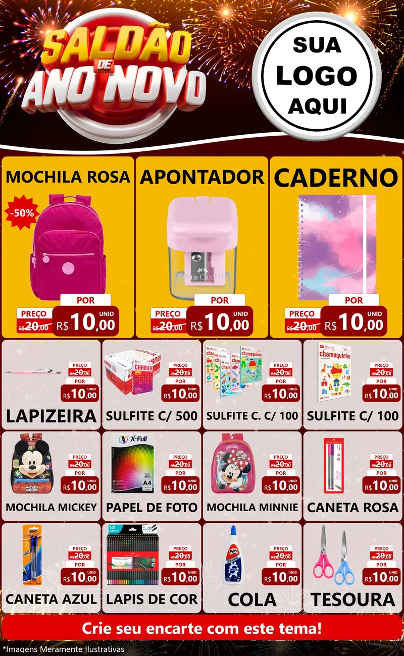 Modelo de Encarte para Encarte Grande com o tema Saldão de Ano Novo para Papelaria