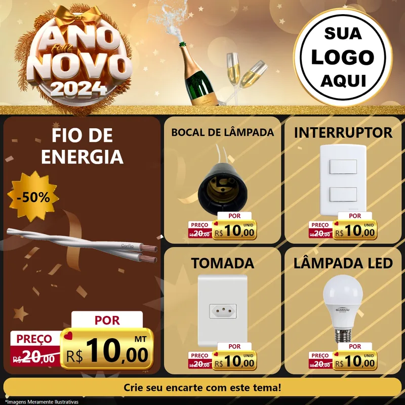Modelo de Rede Social para Feed Facebook com o tema Feliz Ano Novo 2027 para Materiais Elétricos