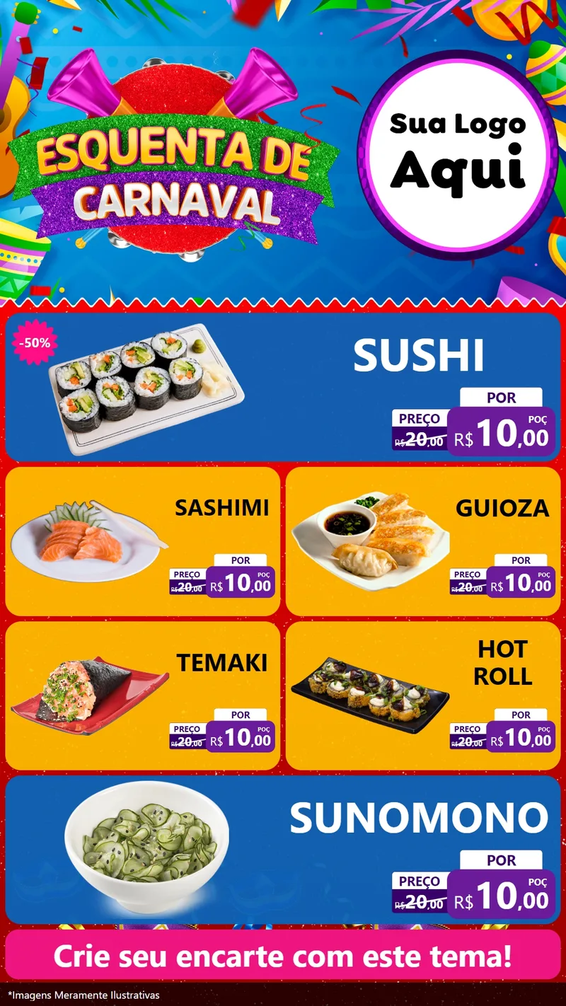 Modelo de TV para TV Vertical com o tema Esquenta de Carnaval para Comida japonesa