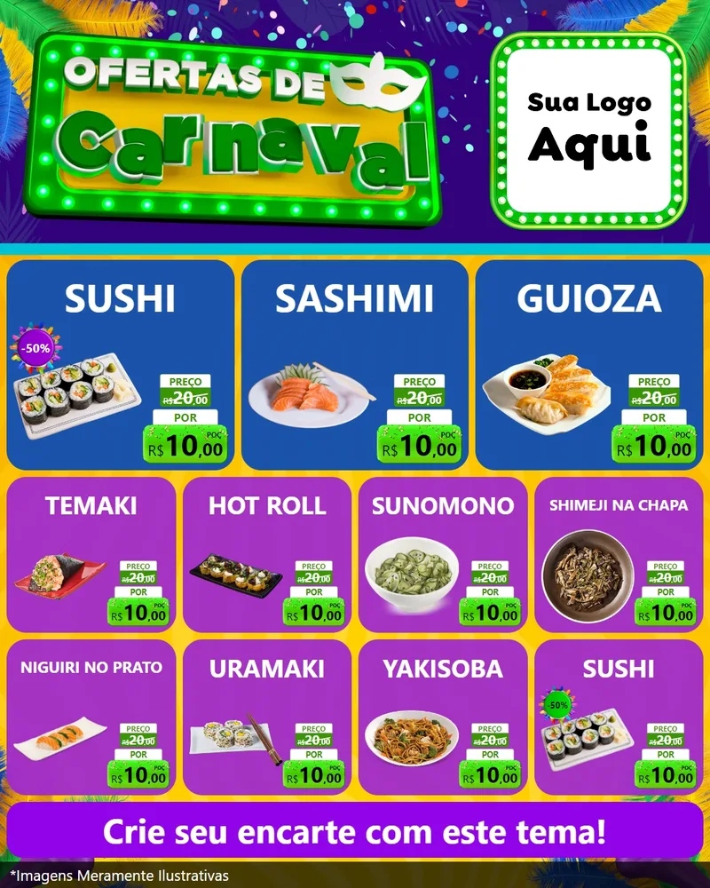 Modelo de Rede Social para Feed Instagram com o tema Ofertas de Carnaval para Comida japonesa