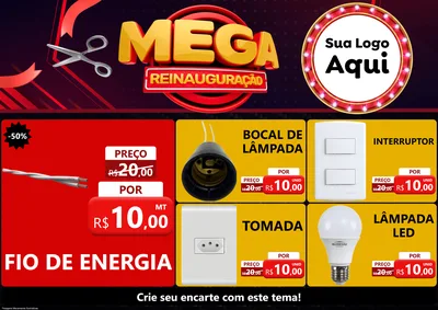 Modelo de Encarte para Encarte A4 Horizontal com o tema Mega Reinauguração para Materiais Elétricos