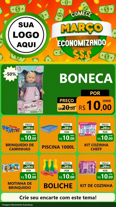 Modelo de Rede Social para Stories com o tema Comece Março Economizando para Brinquedos