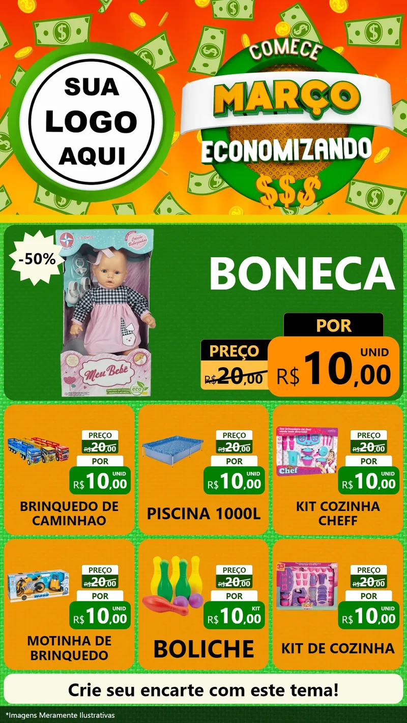 Modelo de Rede Social para Stories com o tema Comece Março Economizando para Brinquedos