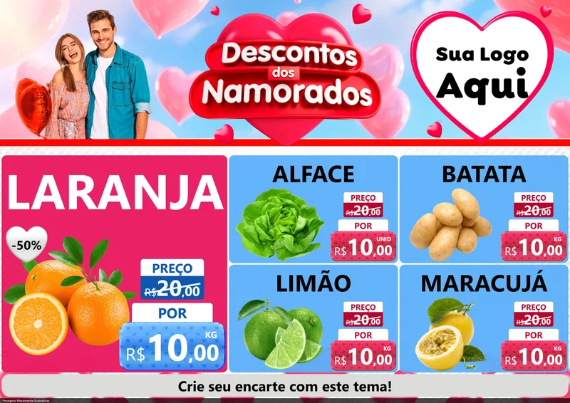 Modelo de Encarte para Encarte A4 Horizontal com o tema Descontos dos Namorados para Hortifrúti