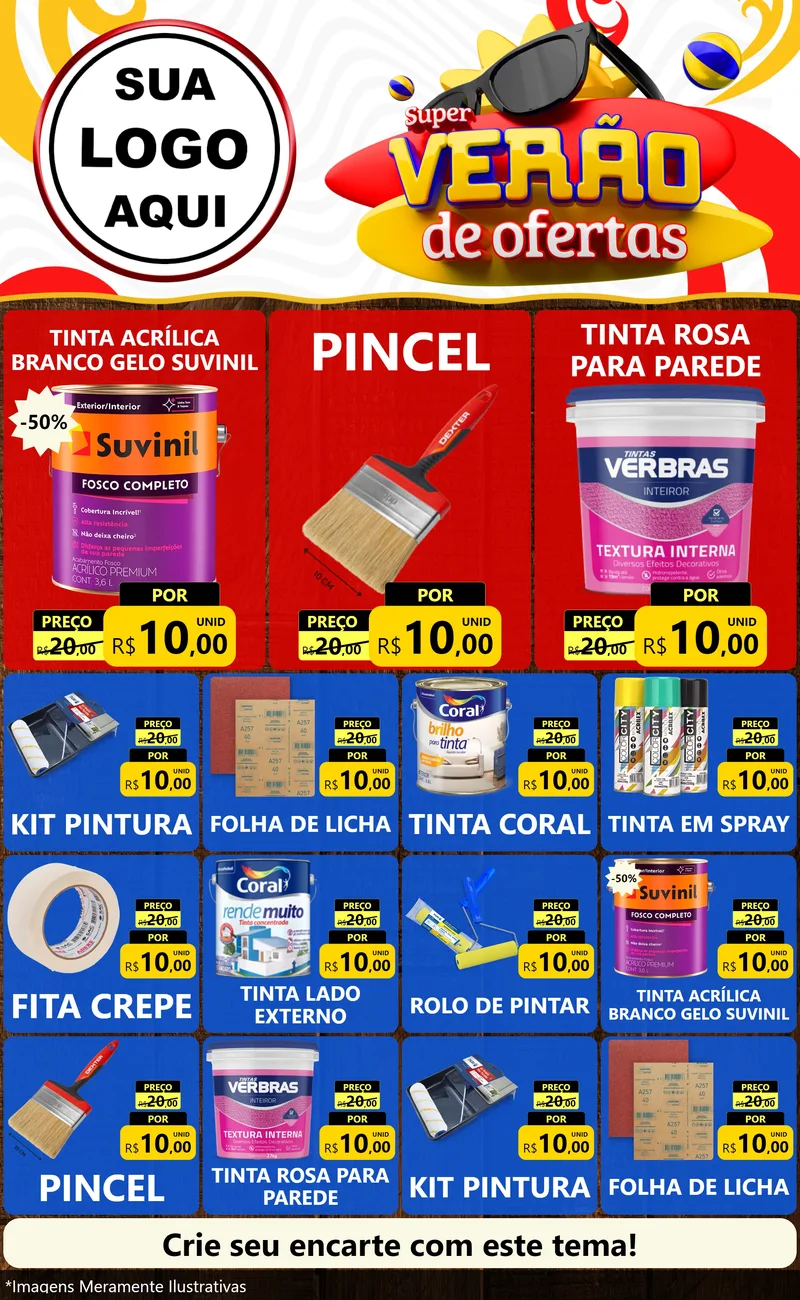 Modelo de Encarte para Encarte Grande com o tema Super Verão de Ofertas para Tintas e Ferramentas