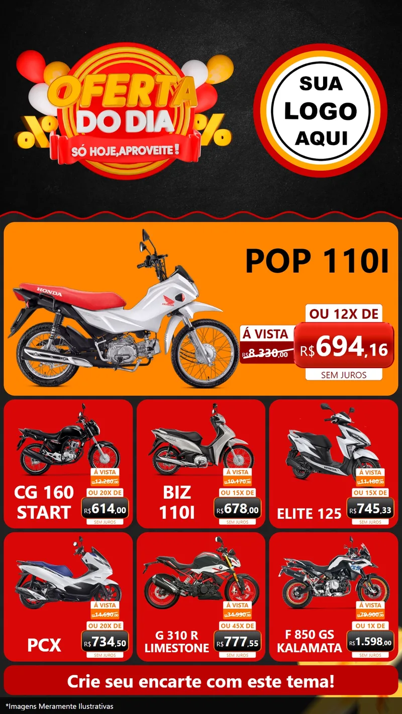 Modelo de Rede Social para Stories com o tema Oferta do Dia - Só hoje, Aproveite! para Concessionaria de Motos