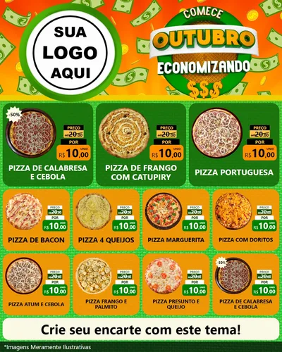 Modelo de Rede Social para Feed Instagram com o tema Comece Outubro Economizando para Pizzaria