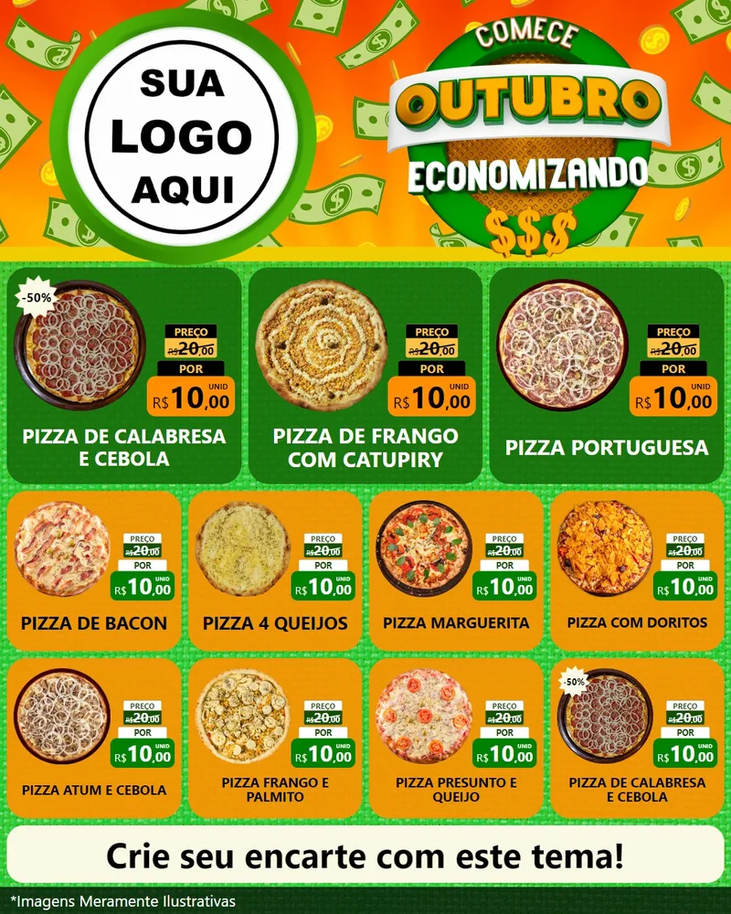 Modelo de Rede Social para Feed Instagram com o tema Comece Outubro Economizando para Pizzaria