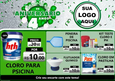 Modelo de Encarte para Encarte A4 Horizontal com o tema Promoção de Aniversário - 4 Anos para Produtos para Piscina