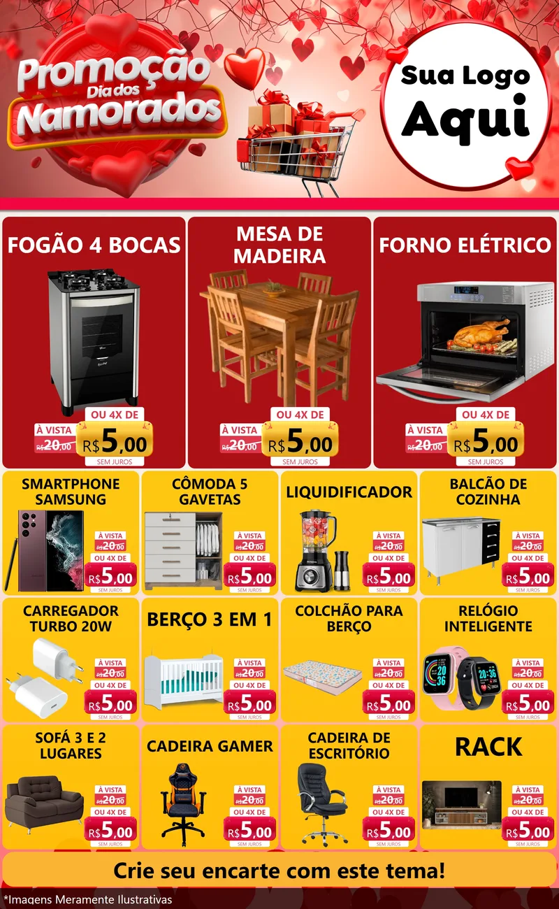 Modelo de Encarte para Encarte Grande com o tema Promoção Dia dos Namorados para Móveis e Eletro
