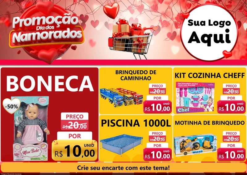Modelo de Encarte para Encarte A4 Horizontal com o tema Promoção Dia dos Namorados para Brinquedos