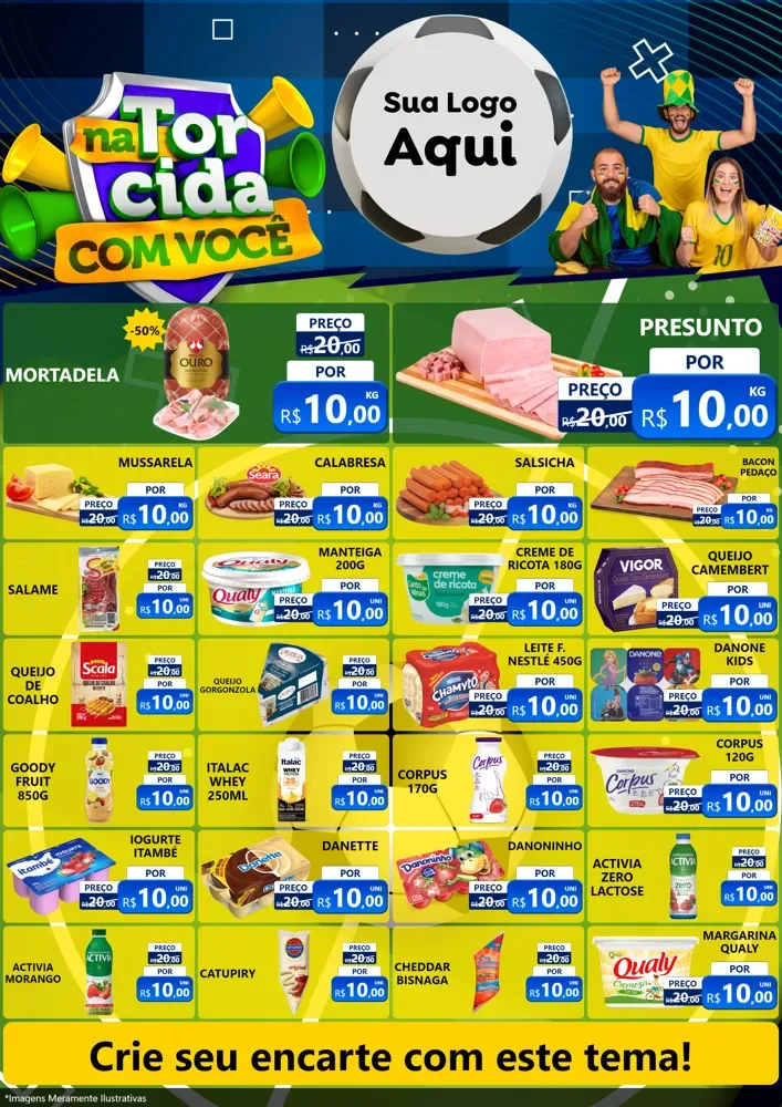 Modelo de Encarte para Encarte A4 Vertical com o tema Na Torcida Com Você - Copa para Frios e Laticínios
