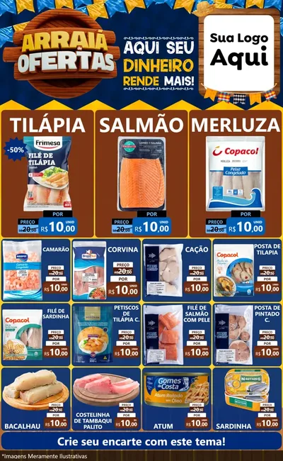 Modelo de Encarte para Encarte Grande com o tema Arraiá de Ofertas - Junina para Peixaria