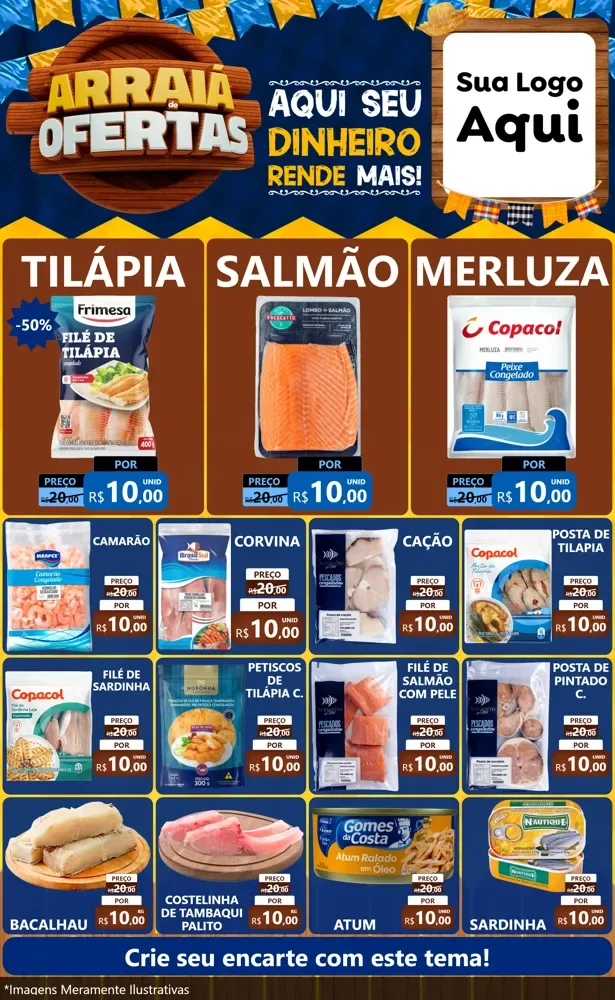 Modelo de Encarte para Encarte Grande com o tema Arraiá de Ofertas - Junina para Peixaria