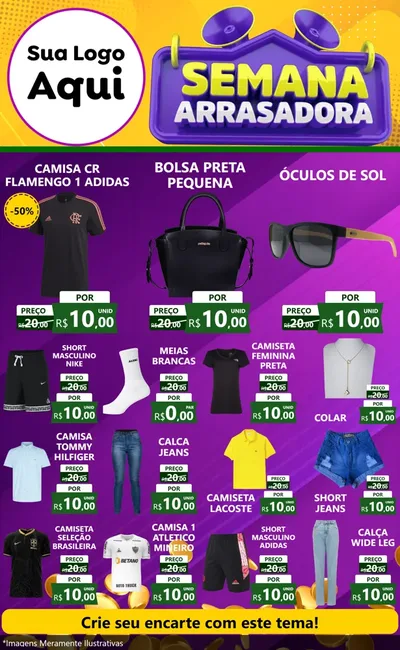 Modelo de Encarte para Encarte Grande com o tema Semana Arrasadora para Roupas e acessórios