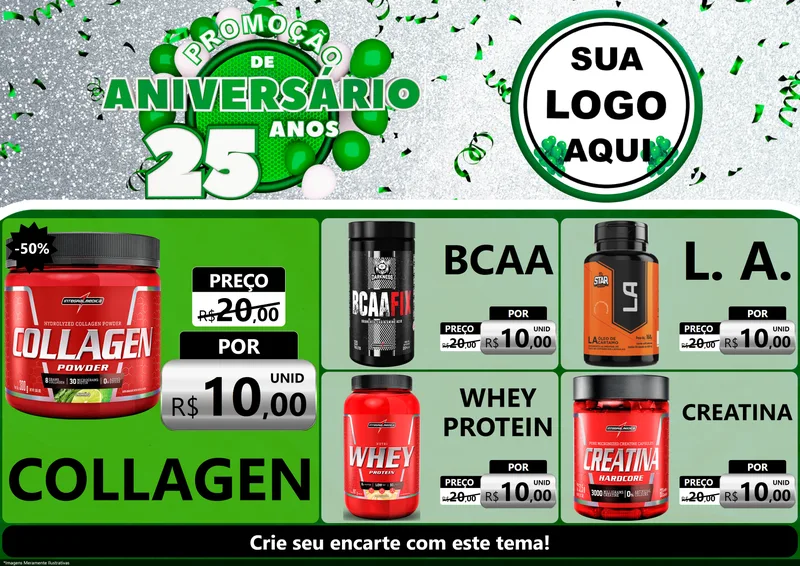 Modelo de Encarte para Encarte A4 Horizontal com o tema Promoção de Aniversário - 25 Anos para Suplementos alimentares