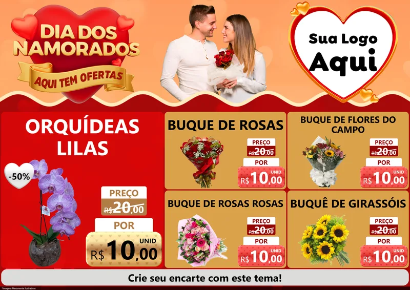 Modelo de Encarte para Encarte A4 Horizontal com o tema Dia dos Namorados - Aqui Tem Ofertas para Floricultura e jardim