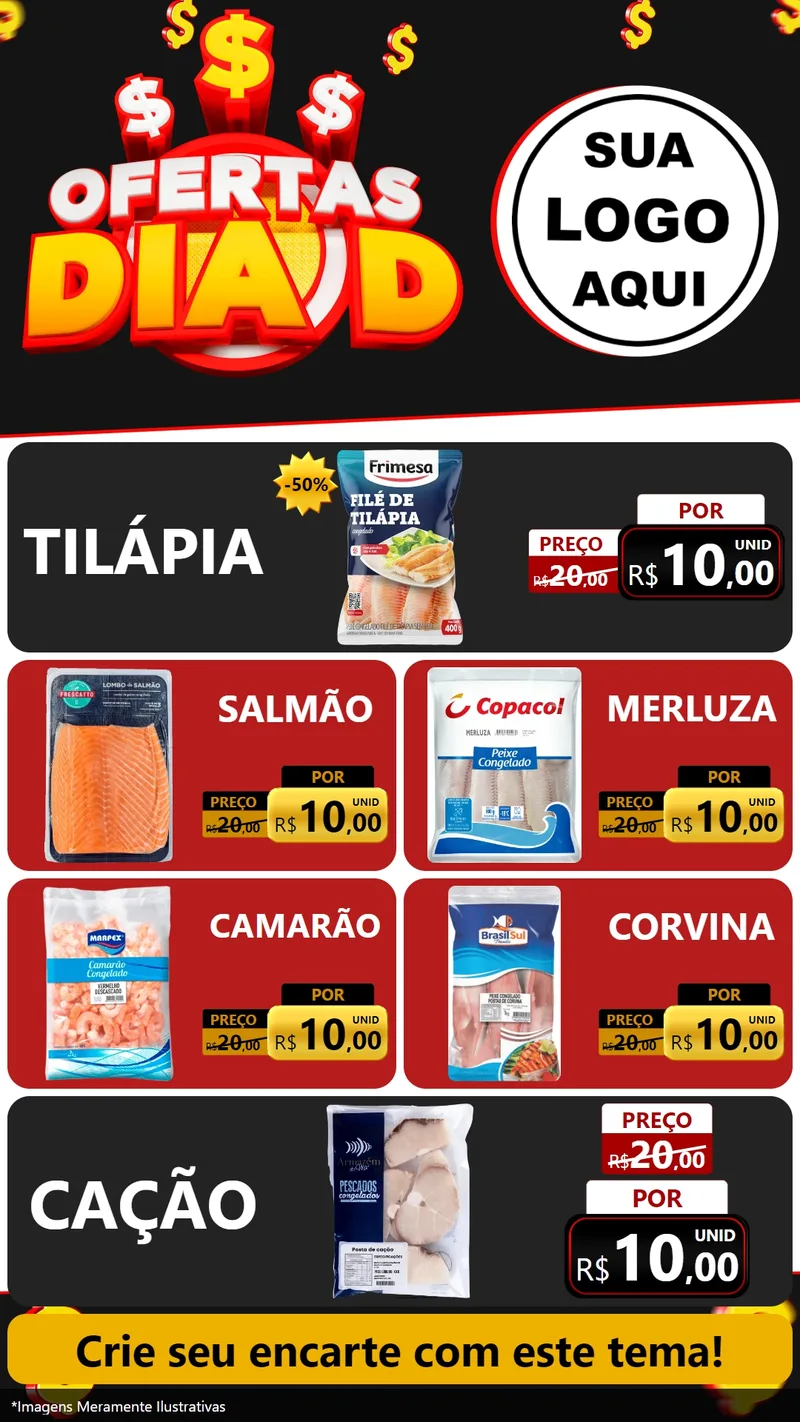 Modelo de TV para TV Vertical com o tema Ofertas Dia D para Peixaria