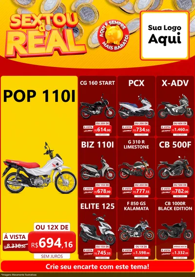 Modelo de Encarte para Encarte A4 Vertical com o tema Sextou do Real para Concessionaria de Motos