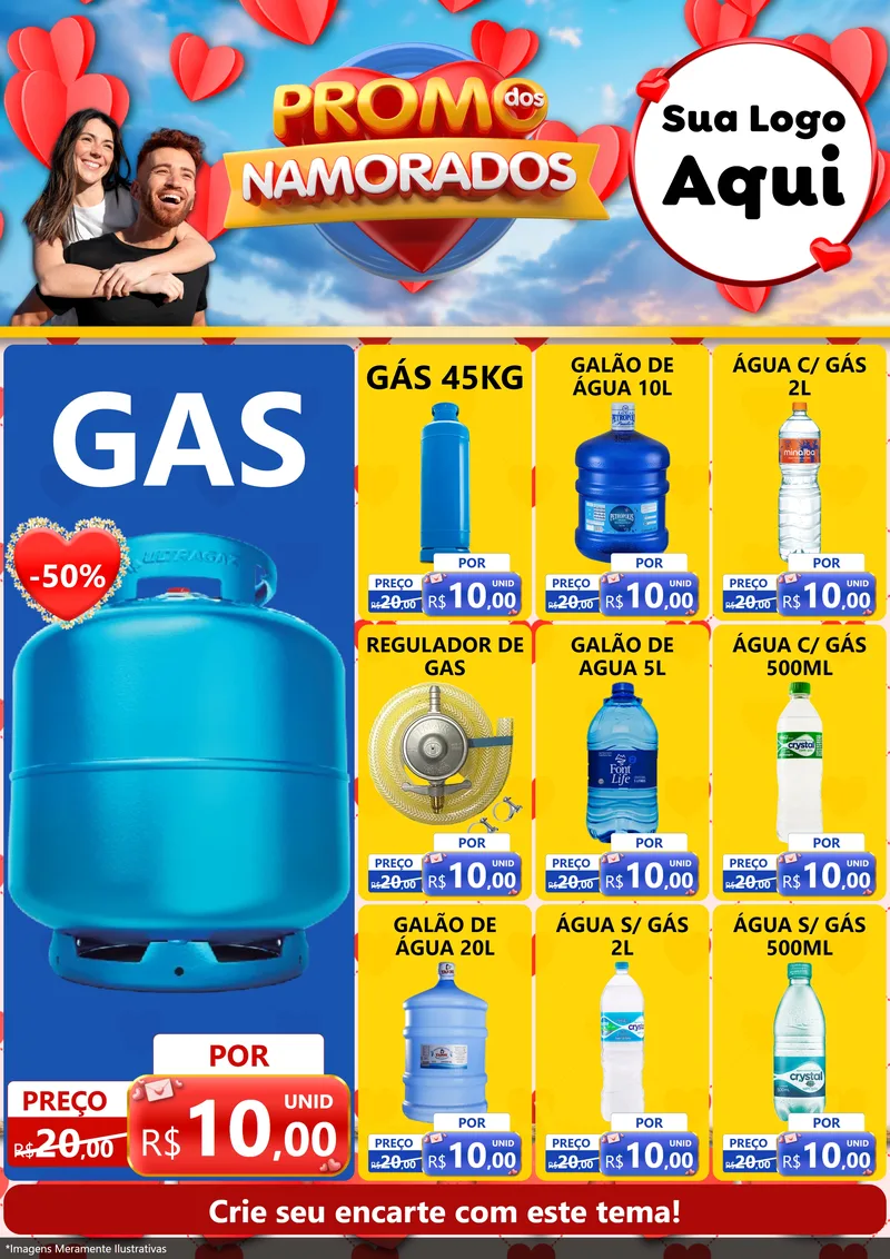 Modelo de Encarte para Encarte A4 Vertical com o tema Promo dos Namorados para Água e gás
