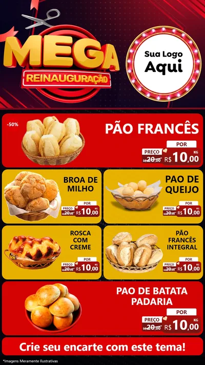 Modelo de TV para TV Vertical com o tema Mega Reinauguração para Padaria