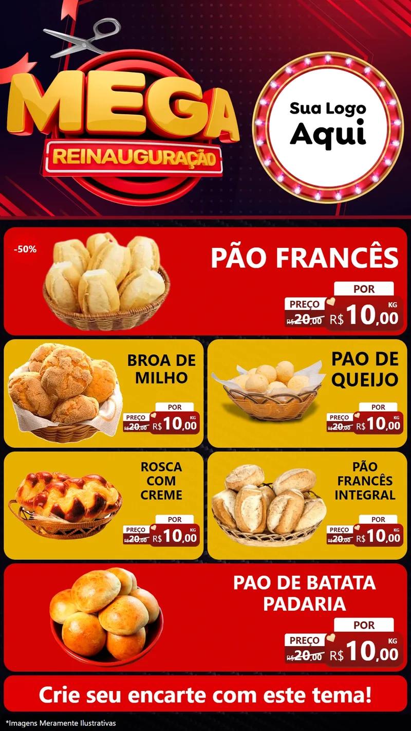Modelo de TV para TV Vertical com o tema Mega Reinauguração para Padaria