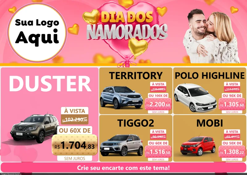 Modelo de Encarte para Encarte A4 Horizontal com o tema Dia dos Namorados para Concessionaria de Carros