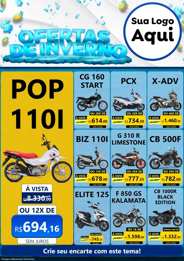 Modelo de Encarte para Encarte A4 Vertical com o tema Ofertas de Inverno para Concessionaria de Motos