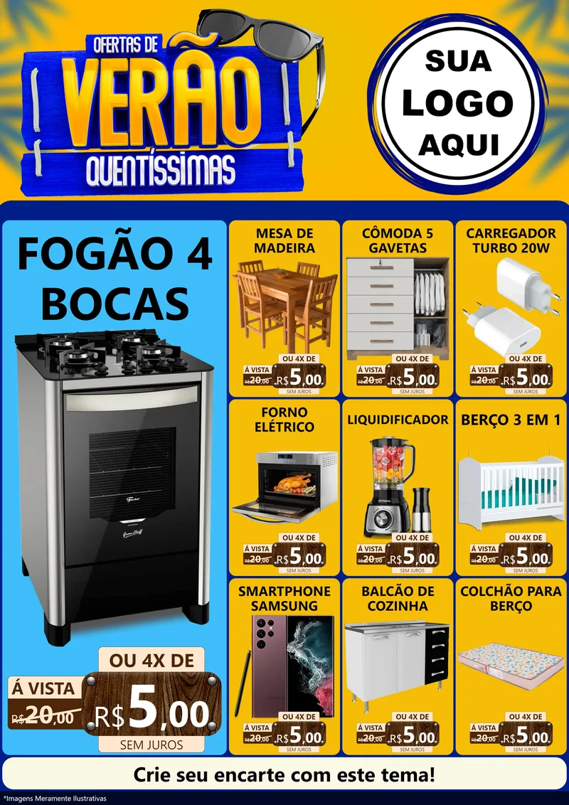 Modelo de Encarte para Encarte A4 Vertical com o tema Ofertas de Verão Quentíssimas para Móveis e Eletro