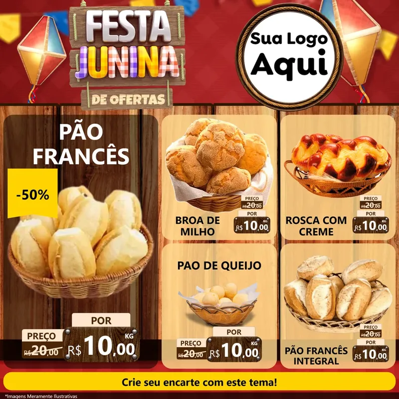 Modelo de Rede Social para Feed Facebook com o tema Festa Junina de Ofertas para Padaria