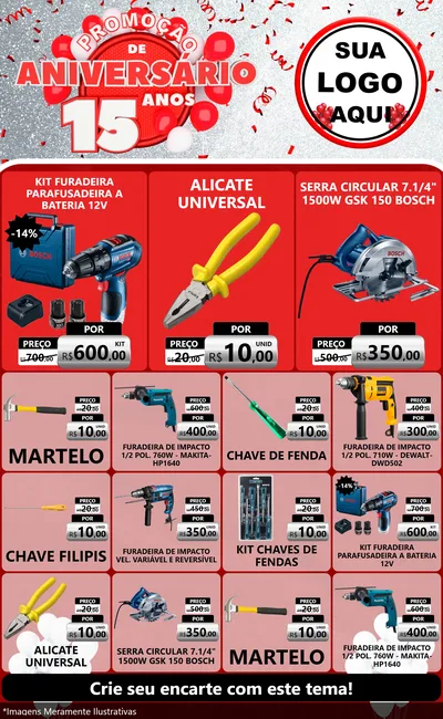 Modelo de Encarte para Encarte Grande com o tema Promoção de Aniversário - 15 Anos para Maquinas e Ferramentas