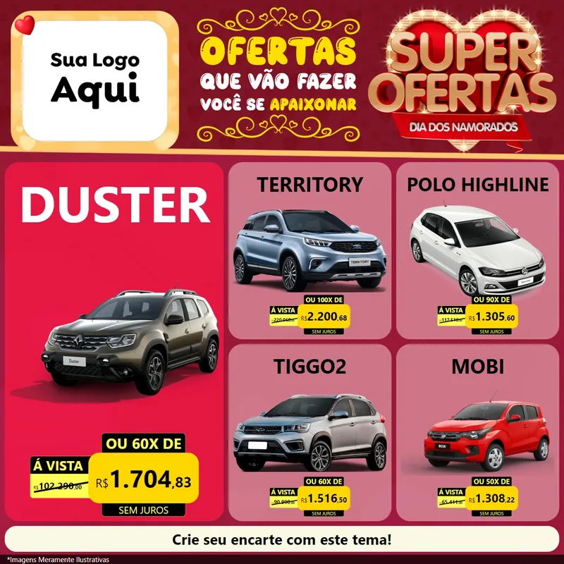 Modelo de Rede Social para Feed Facebook com o tema Dia dos Namorados para Concessionaria de Carros